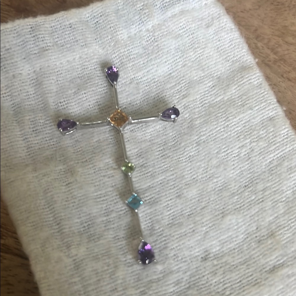Elegant Silver Cross Pendant with Multicolor Gemstones
